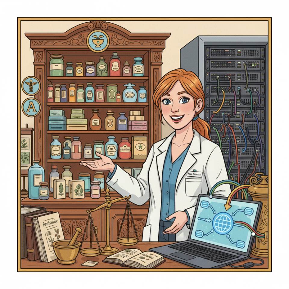 Comic illustration of a pharmacist with a prescription, medicine drawers and a counselling counter in a bright pharmacy