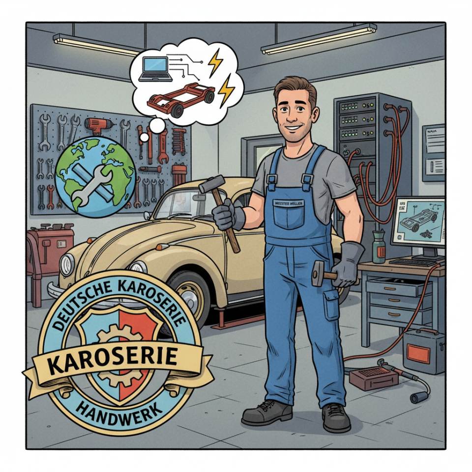 Comic illustration of a vehicle body mechanic with alignment bench, measuring system and a vehicle body in the workshop