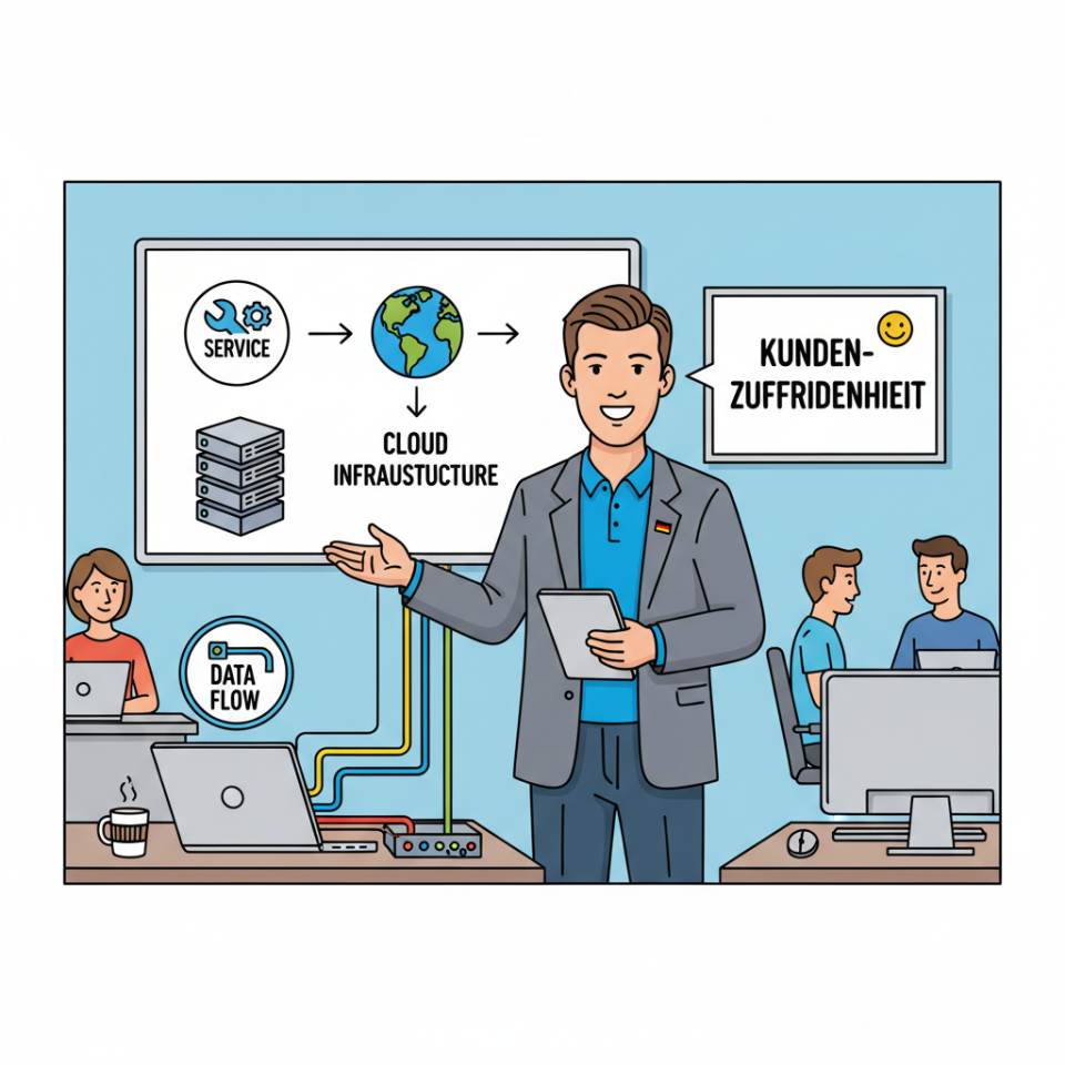 Comic illustration of a service manager with headset, dashboard, ticket board and service team in an open-plan office