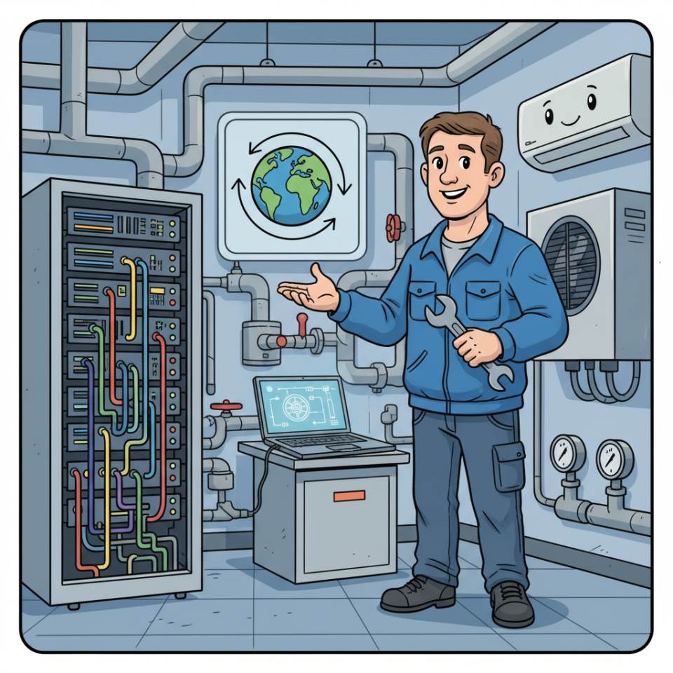 Ilustración cómica de un mecánico de instalaciones con herramientas y tuberías montando un sistema de calefacción en la sala técnica