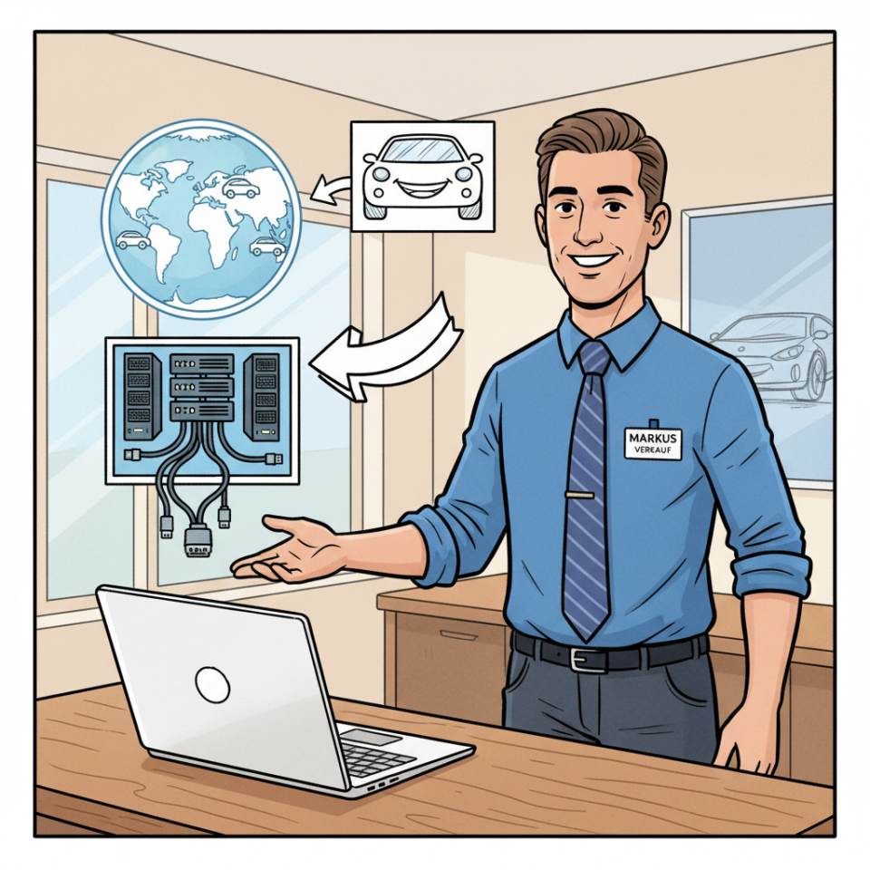 Ilustración tipo cómic de un administrativo del automóvil en el showroom del concesionario asesorando a un cliente con llaves del coche