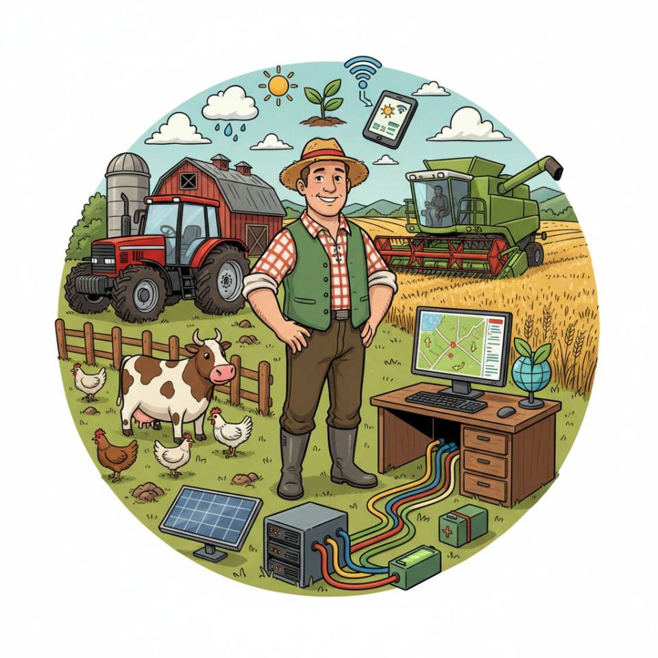 Ilustración tipo cómic de un agricultor con tractor y campo de cereal