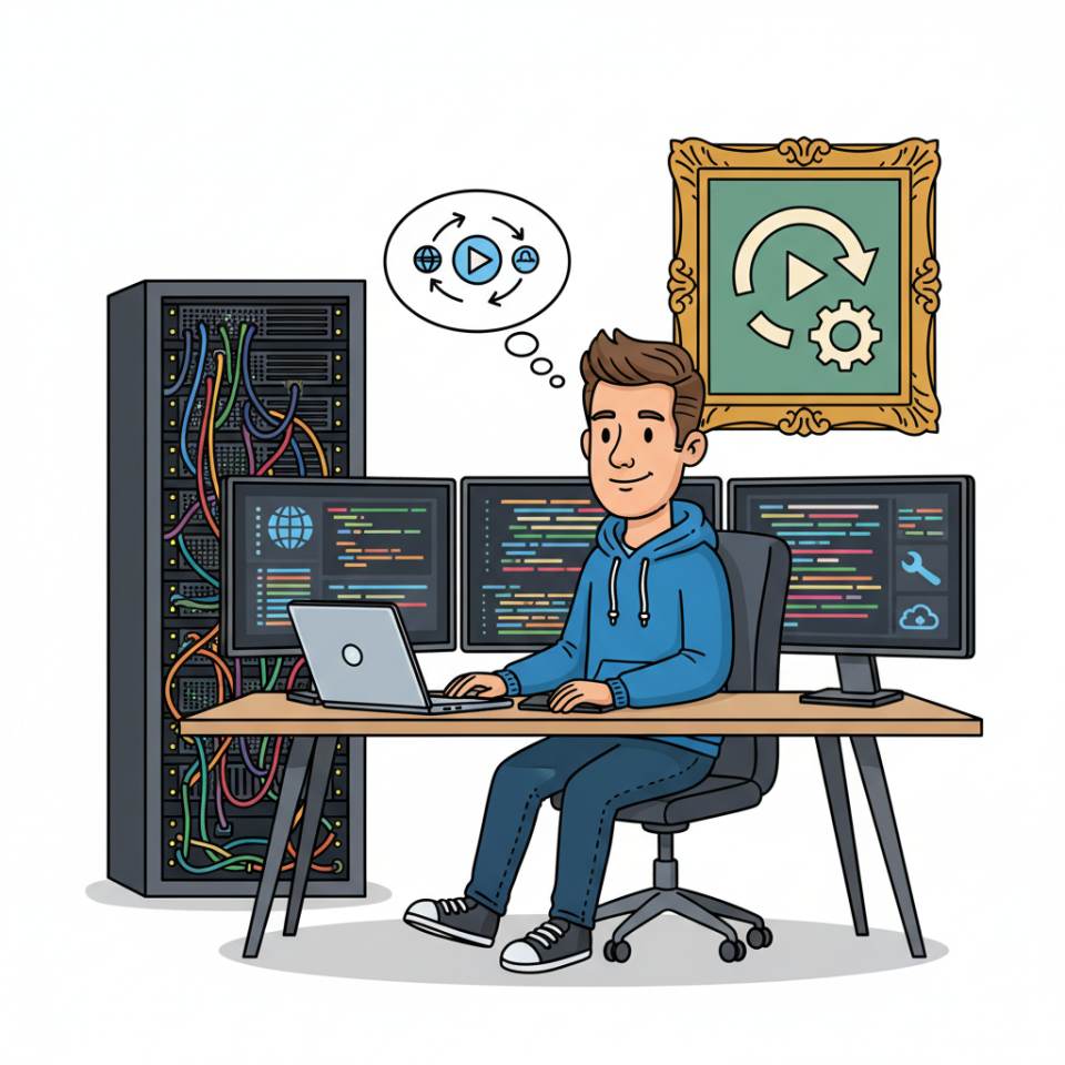 Ilustración tipo cómic de un desarrollador de software frente a monitores duales con editor de código y notas en una oficina moderna